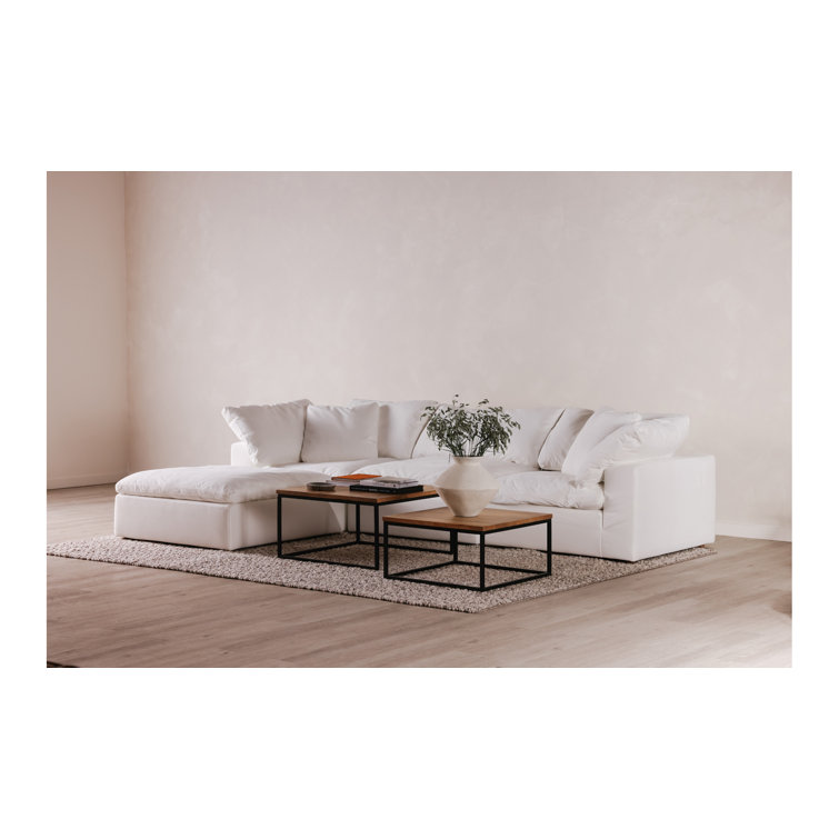 Cream White Velvet Performance Fabric Ottoman with Solid Wood Frame