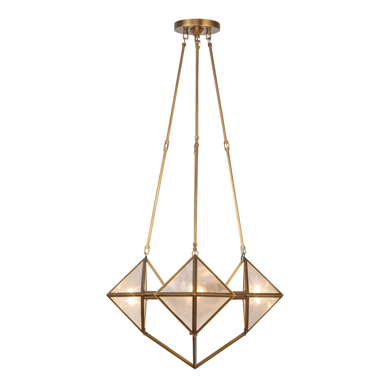 Vintage Brass Geometric 4-Light Chandelier with Ribbed Glass