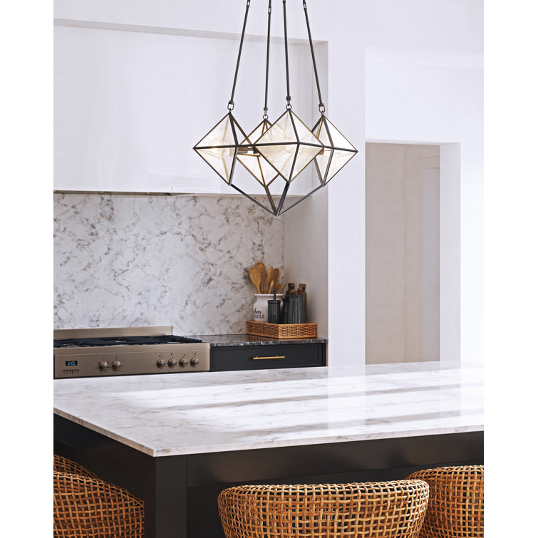 Vintage Brass Geometric 4-Light Chandelier with Ribbed Glass