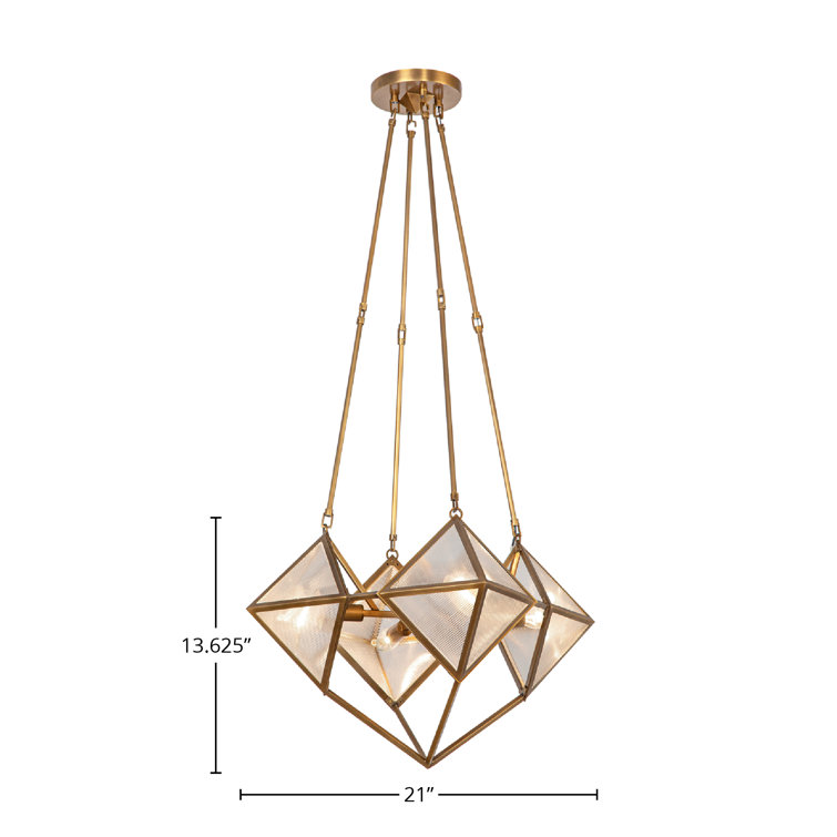 Vintage Brass Geometric 4-Light Chandelier with Ribbed Glass