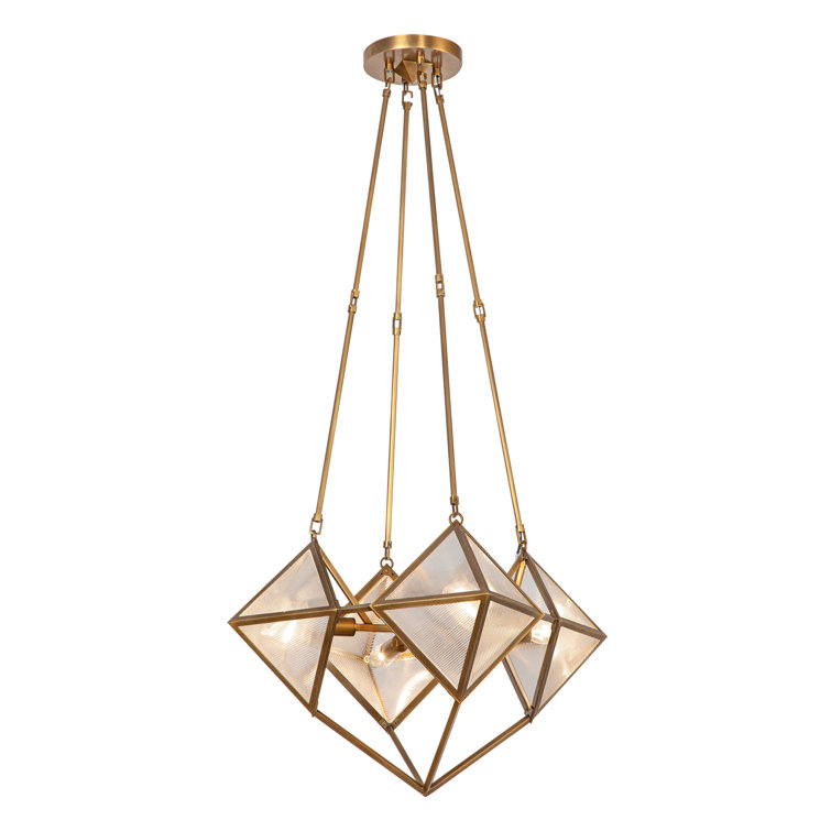 Vintage Brass Geometric 4-Light Chandelier with Ribbed Glass