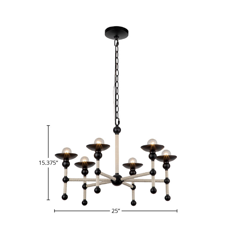 Matte Black and Natural Corn Fiber Rope 6-Light Chandelier