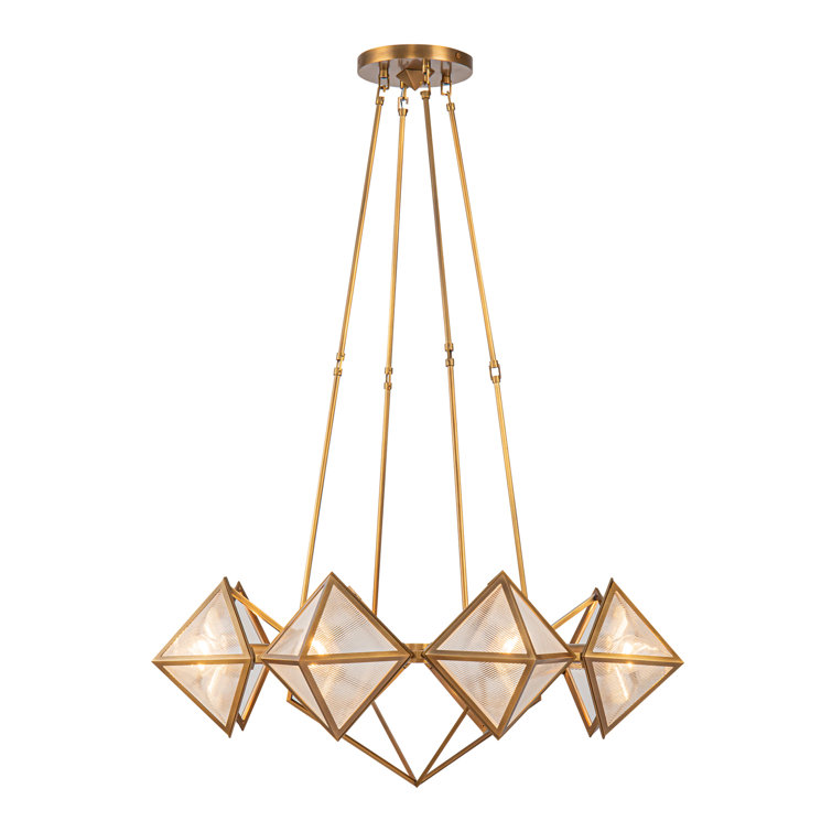 Vintage Brass Geometric 8-Light Chandelier with Ribbed Glass