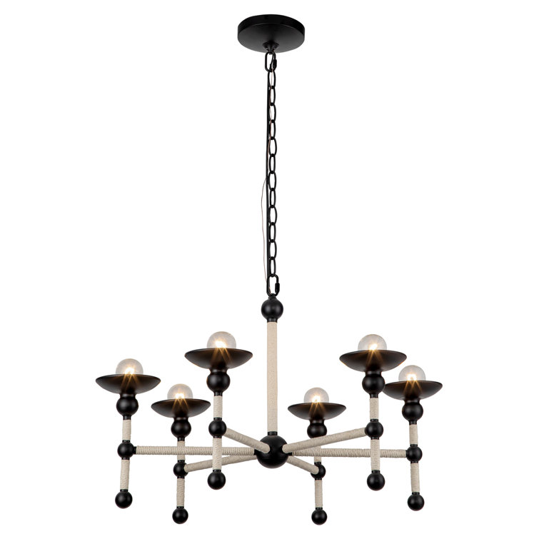 Matte Black and Natural Corn Fiber Rope 6-Light Chandelier