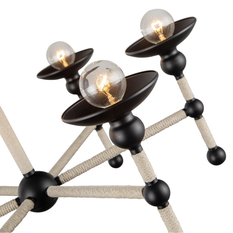 Matte Black and Natural Corn Fiber Rope 6-Light Chandelier