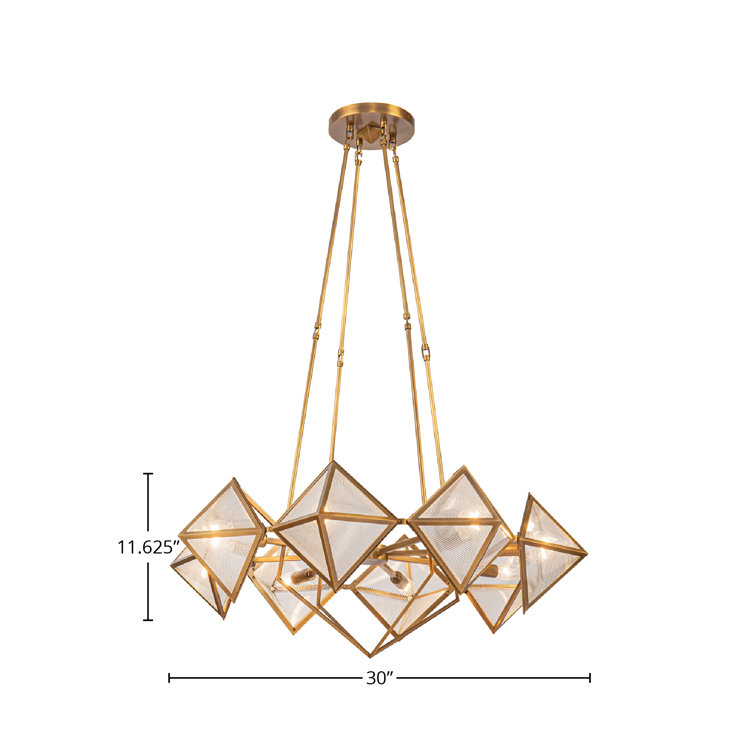 Vintage Brass Geometric 8-Light Chandelier with Ribbed Glass