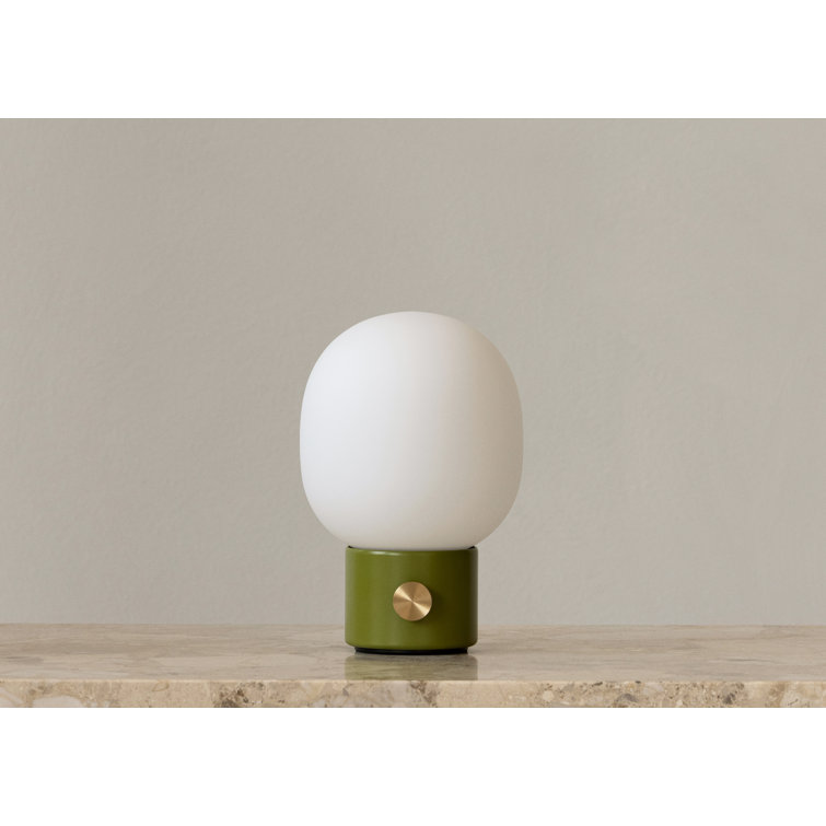 Dusty Green Cordless Steel Table Lamp with Mouth Blown Glass Shade