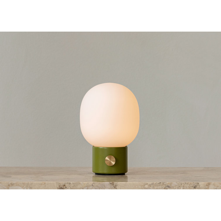 Dusty Green Cordless Steel Table Lamp with Mouth Blown Glass Shade