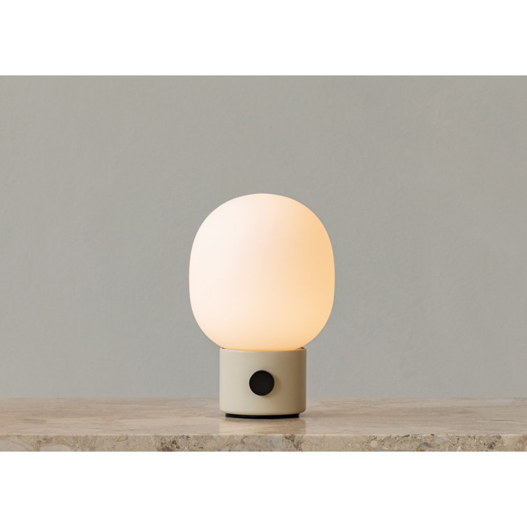 Alabaster White Cordless Steel Table Lamp with Mouth Blown Glass Shade