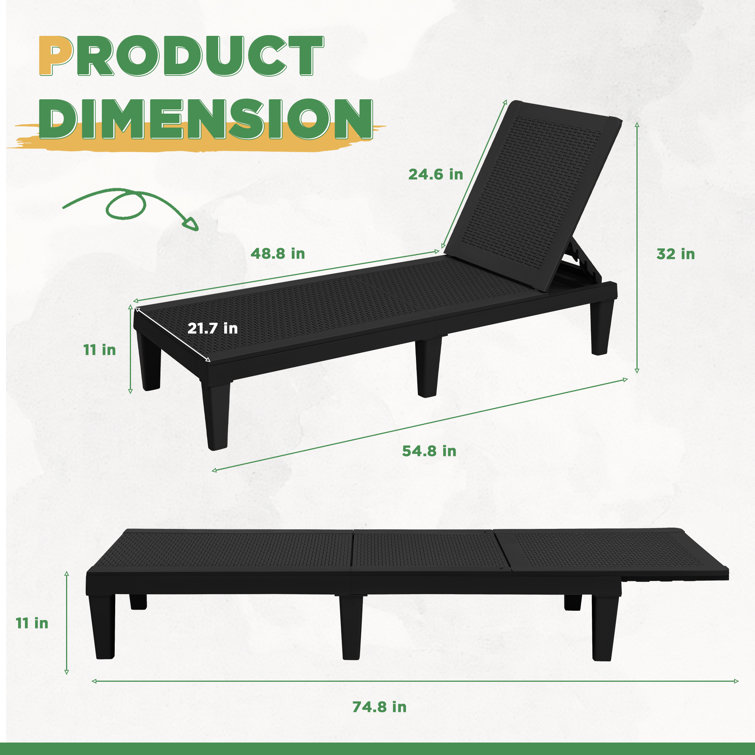 Black Polypropylene Resin Adjustable Outdoor Chaise Lounger Set