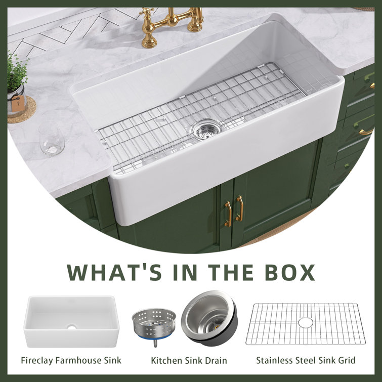 White Fireclay Single Bowl Farmhouse Kitchen Sink with Grid