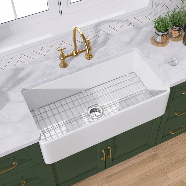 White Fireclay Single Bowl Farmhouse Kitchen Sink with Grid