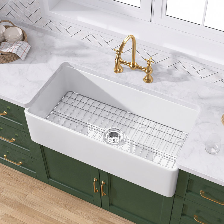 White Fireclay Single Bowl Farmhouse Kitchen Sink with Grid