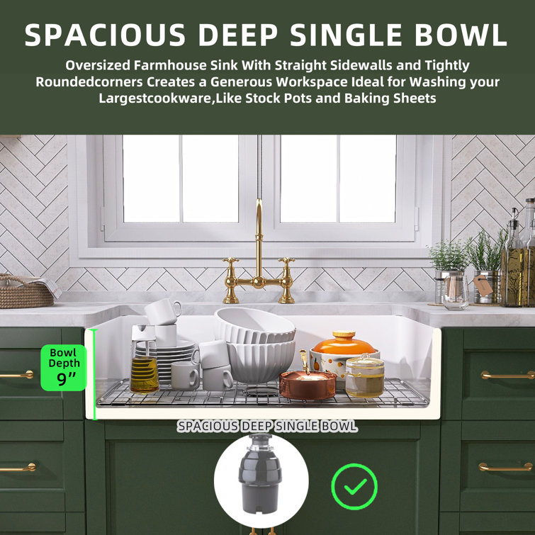 White Fireclay Single Bowl Farmhouse Kitchen Sink with Grid