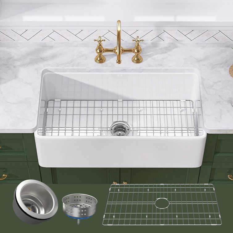 White Fireclay Single Bowl Farmhouse Kitchen Sink with Grid