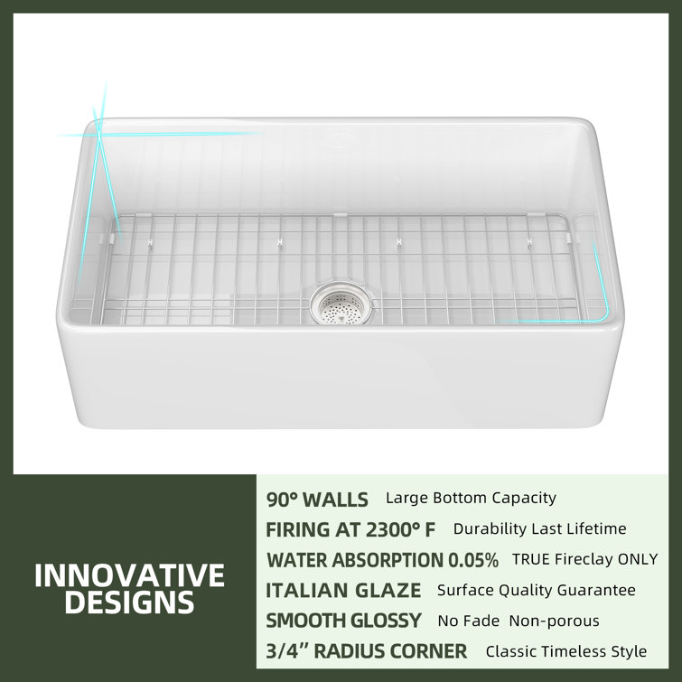 White Fireclay Single Bowl Farmhouse Kitchen Sink with Grid