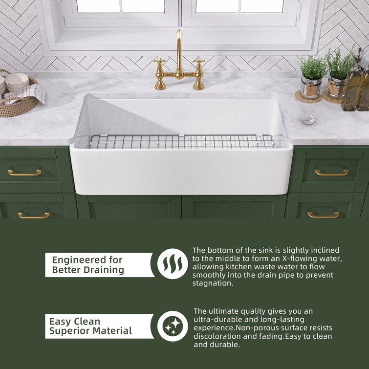 White Fireclay Single Bowl Farmhouse Kitchen Sink with Grid