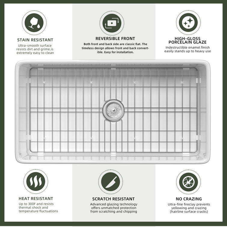 White Fireclay Single Bowl Farmhouse Kitchen Sink with Grid