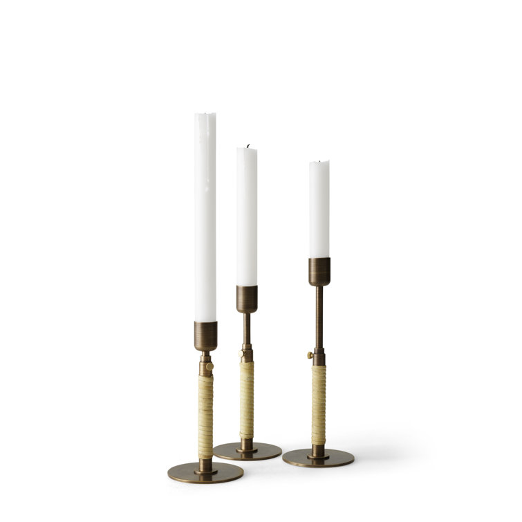 Duca Polished Brass Adjustable Candlestick with Rattan Wrap