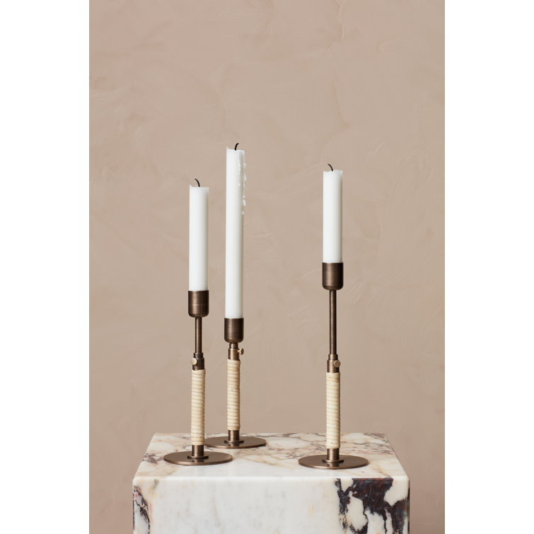 Duca Polished Brass Adjustable Candlestick with Rattan Wrap