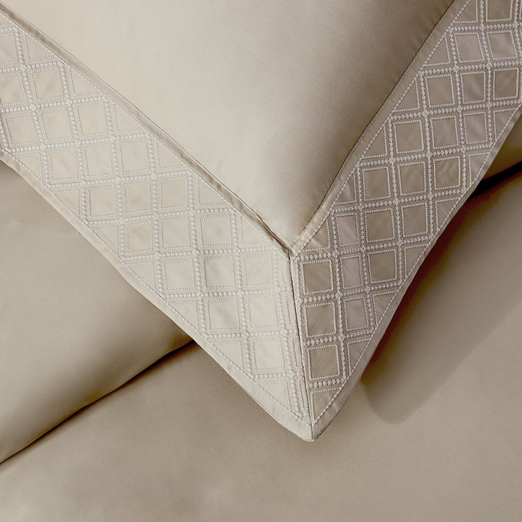 Tan Cotton Sateen Queen Duvet Cover Set with Diamond Embroidery