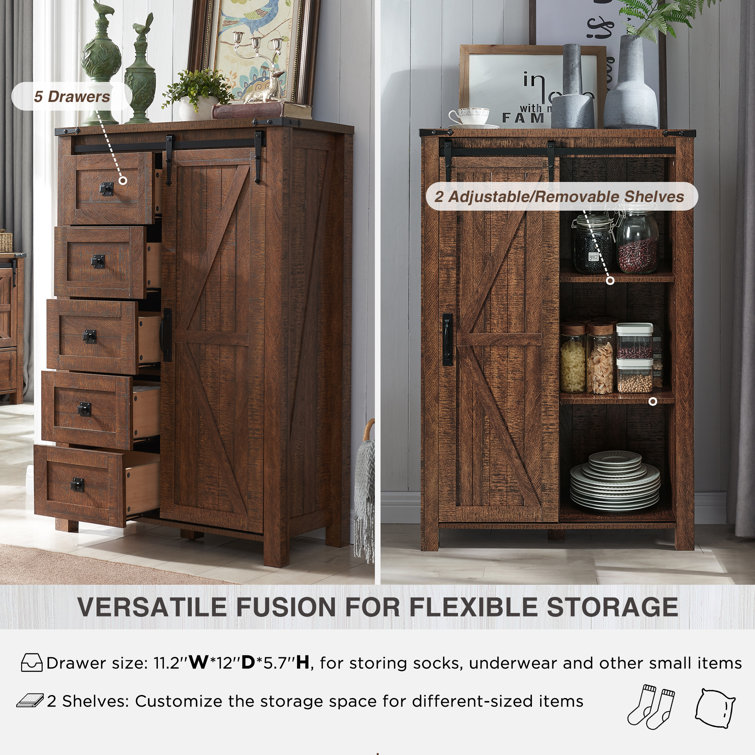 Reclaimed Barnwood Farmhouse 5-Drawer Dresser with Sliding Barn Door