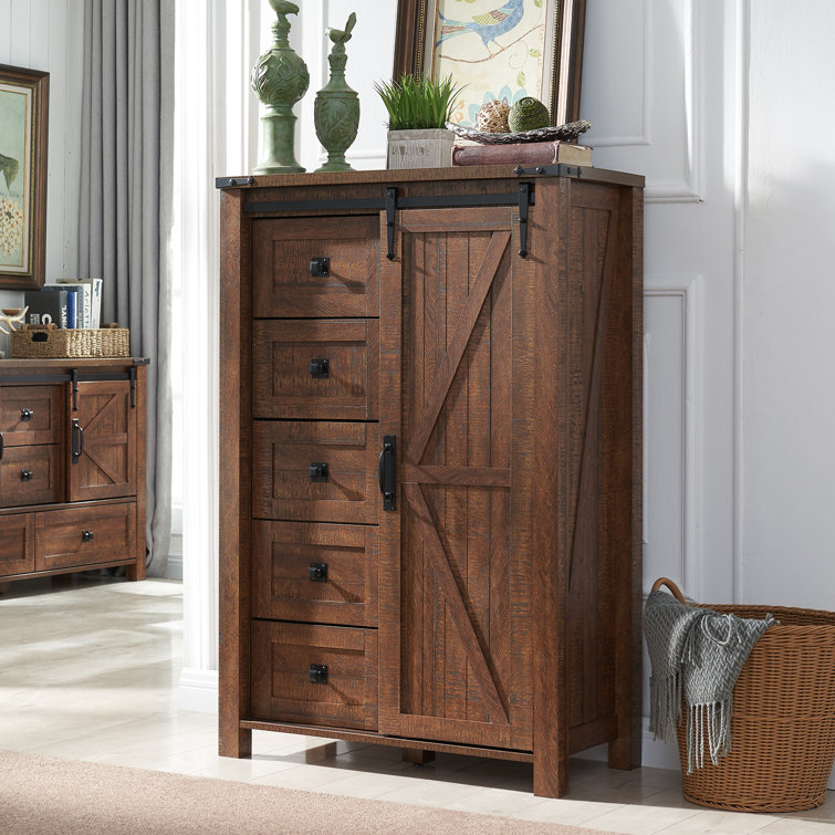 Reclaimed Barnwood Farmhouse 5-Drawer Dresser with Sliding Barn Door
