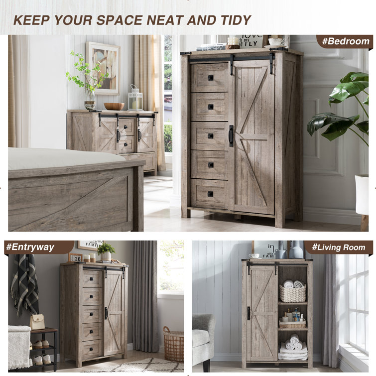 Light Rustic Oak Farmhouse 5-Drawer Dresser with Sliding Barn Door