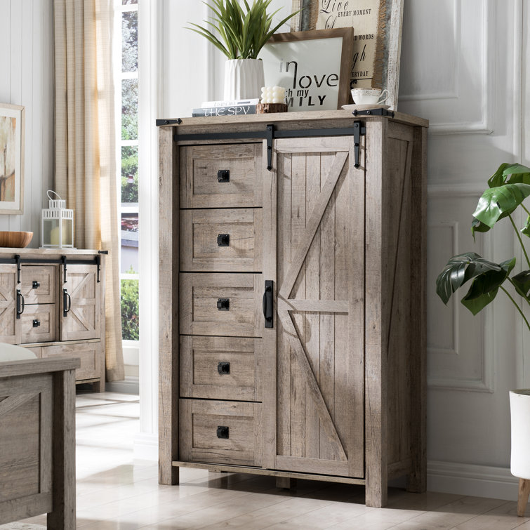 Light Rustic Oak Farmhouse 5-Drawer Dresser with Sliding Barn Door