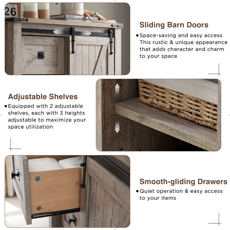 Light Rustic Oak Farmhouse 5-Drawer Dresser with Sliding Barn Door