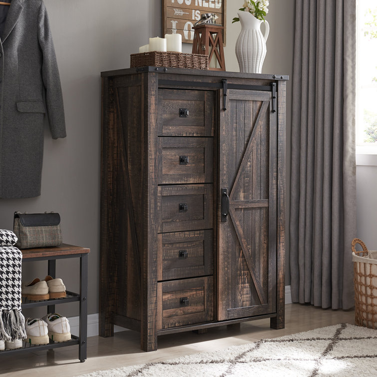 Dark Rustic Oak Farmhouse Tall Dresser with Sliding Barn Door