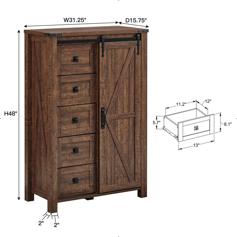 Reclaimed Barnwood Farmhouse 5-Drawer Dresser with Sliding Barn Door