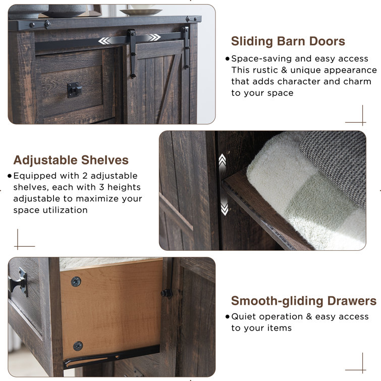 Dark Rustic Oak Farmhouse Tall Dresser with Sliding Barn Door