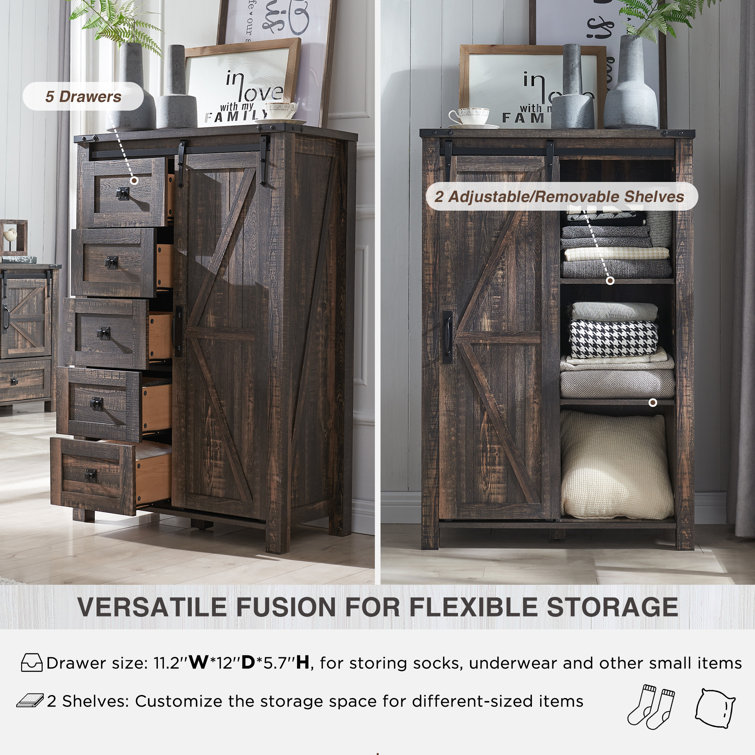 Dark Rustic Oak Farmhouse Tall Dresser with Sliding Barn Door
