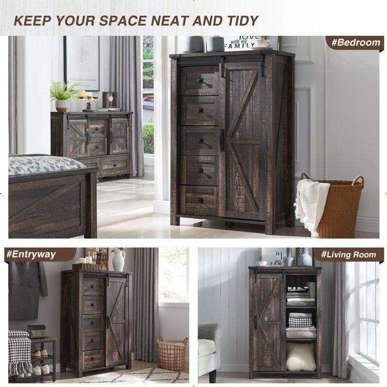 Dark Rustic Oak Farmhouse Tall Dresser with Sliding Barn Door