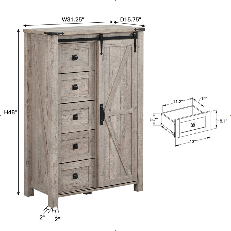 Light Rustic Oak Farmhouse 5-Drawer Dresser with Sliding Barn Door