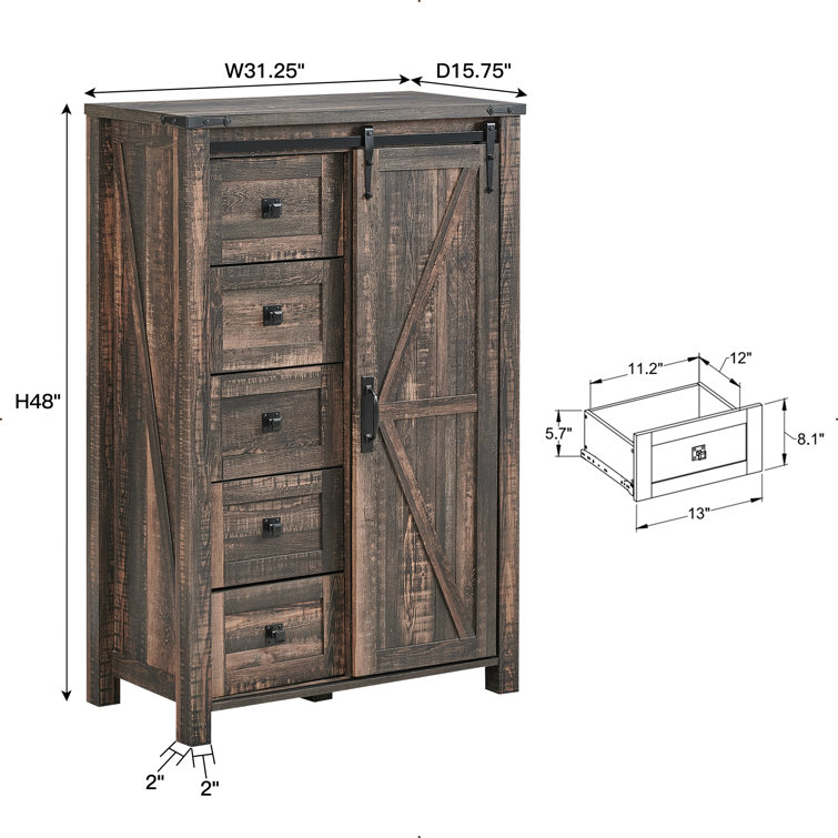 Dark Rustic Oak Farmhouse Tall Dresser with Sliding Barn Door