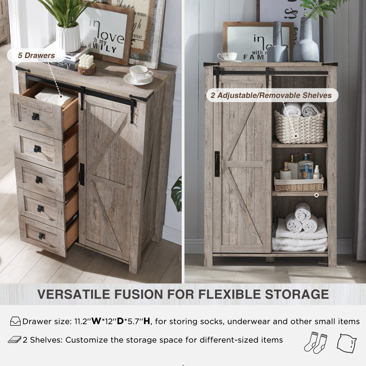 Light Rustic Oak Farmhouse 5-Drawer Dresser with Sliding Barn Door