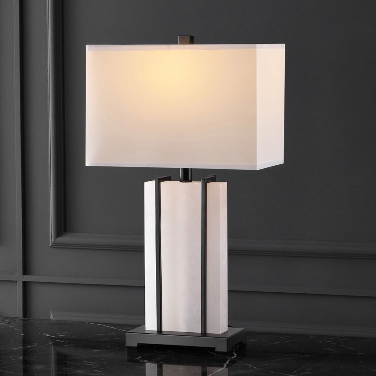 White Alabaster and Black Metal Rectangular Table Lamp