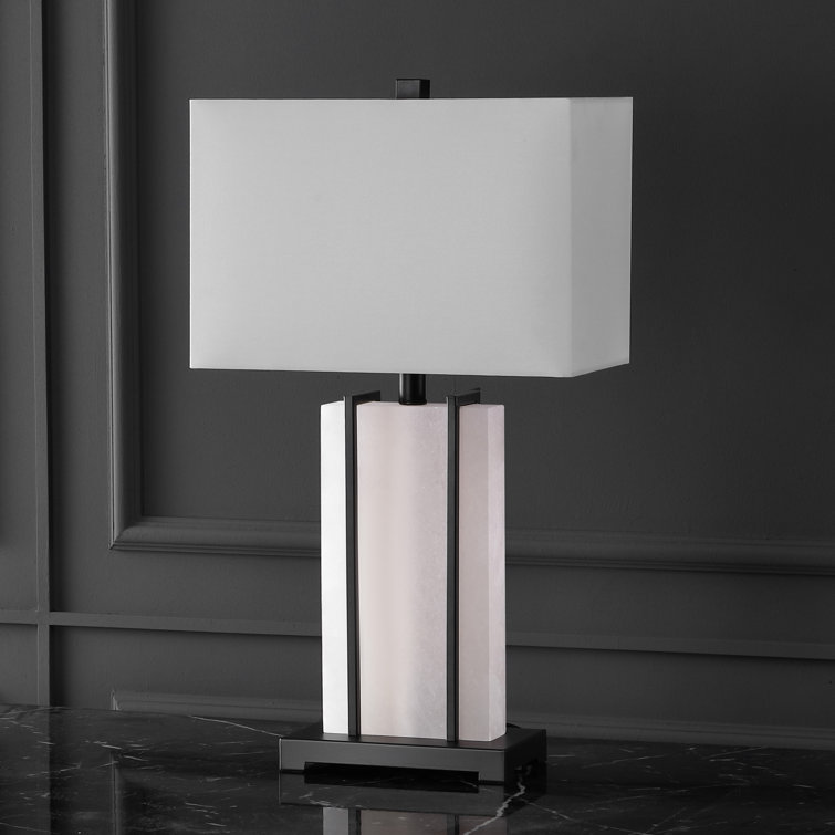 White Alabaster and Black Metal Rectangular Table Lamp