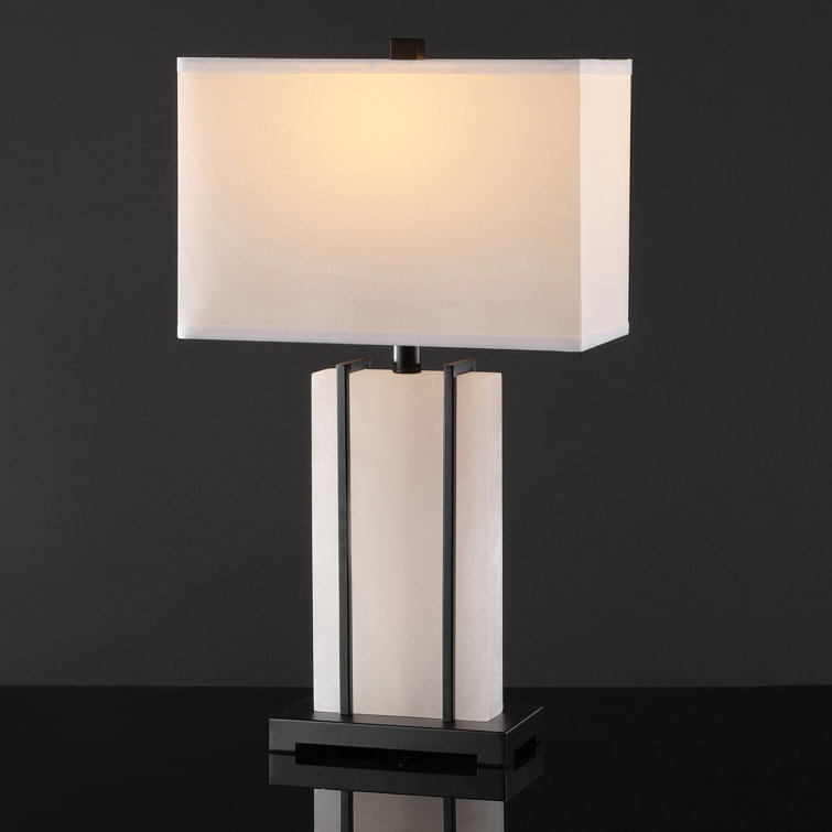 White Alabaster and Black Metal Rectangular Table Lamp