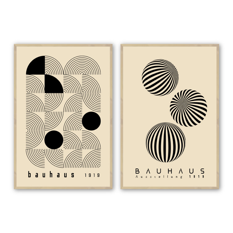 Bauhaus 1919 Abstract Graphic Art Prints with Raw Maple Frames