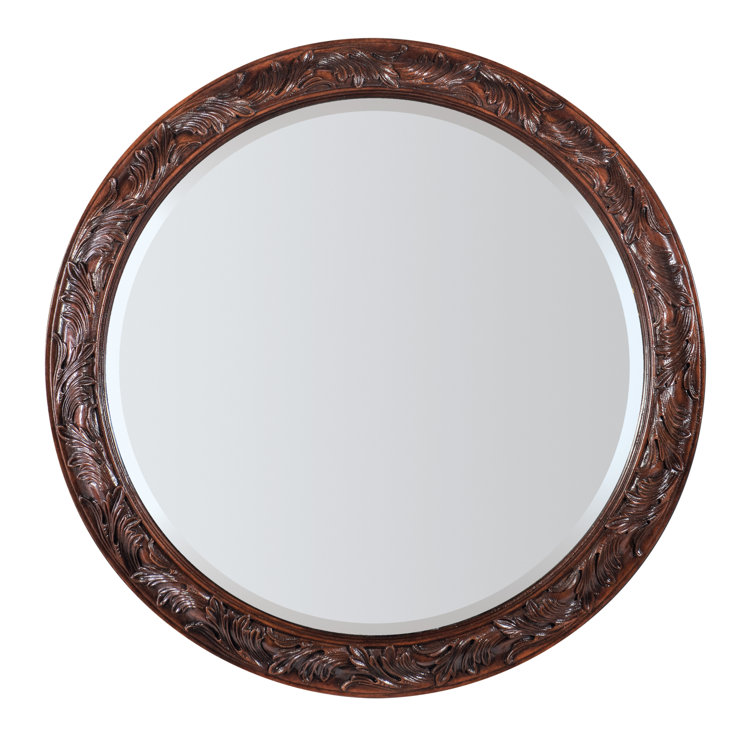 Charleston Round Brown Wood Wall Mirror with Botanical Motif