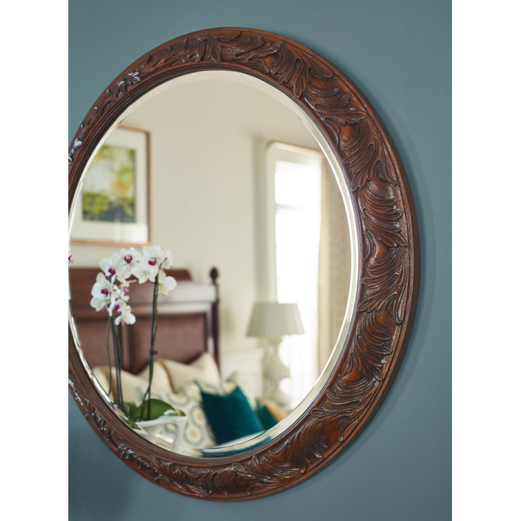 Charleston Round Brown Wood Wall Mirror with Botanical Motif
