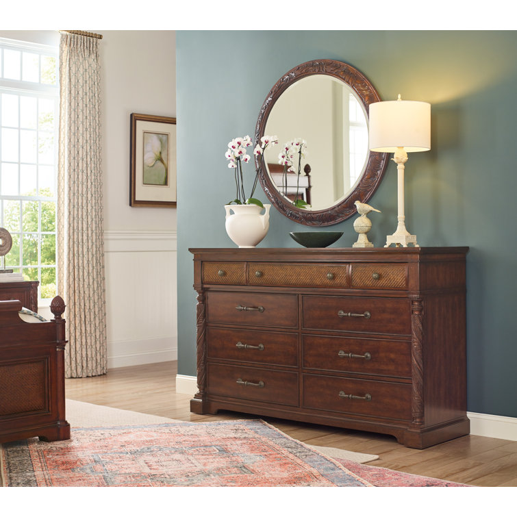 Charleston Round Brown Wood Wall Mirror with Botanical Motif