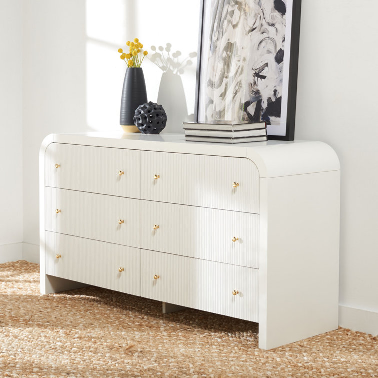 White and Gold 6-Drawer Double Dresser with Dovetail Drawer