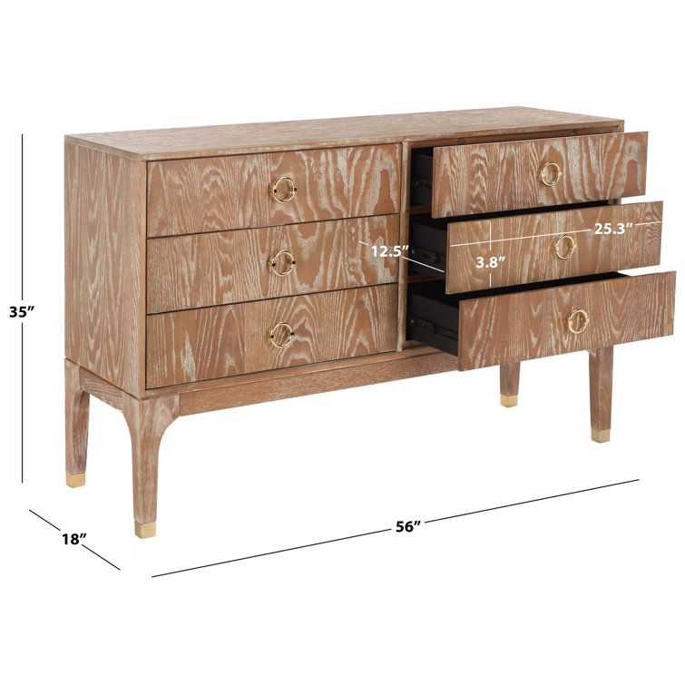Rustic Oak 6-Drawer Transitional Dresser with Brass Hardware