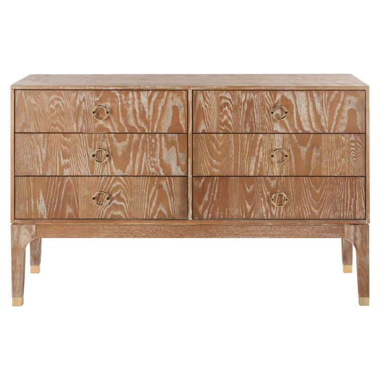 Rustic Oak 6-Drawer Transitional Dresser with Brass Hardware