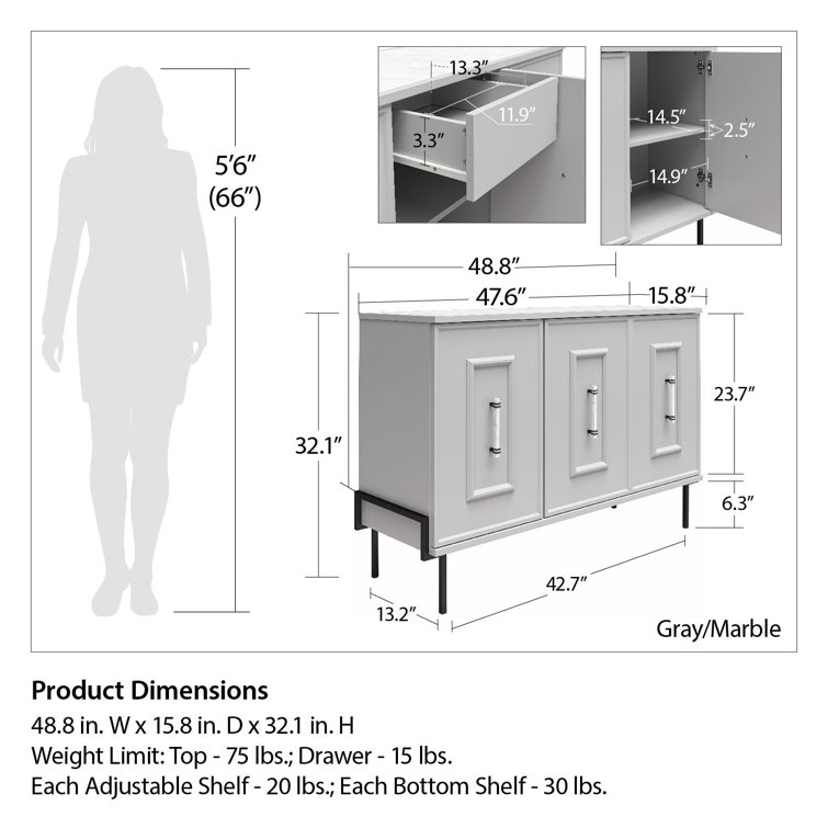 Dove Gray 3-Door Accent Cabinet with Faux Marble Top