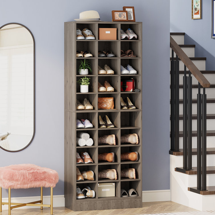 Gray Tall Wooden 10-Tier Shoe Storage Cabinet with 30 Cubbies